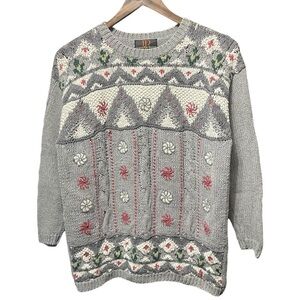 vintage 90s Jenny Buchanan grey knit floral patterns longsleeve Crewneck sweater